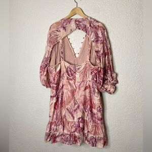 ASOS Plus Size Palm Print Structured Lace Trim Puff Sleeve Mini Dress US 18